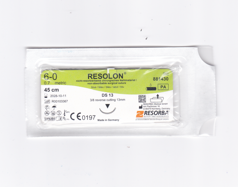 ������� 6-0 USP, ���� ���-��� 13��, 0.7 EP, ���� 0.45 �,�����,1 �����, RESORBA, 881430