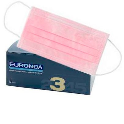Маски медицинские Euronda, 3слойные, розовая, 50 шт. Маски медицинские Euronda, 3слойные, розовая, 50 шт.