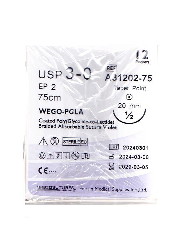 Шовный материал WEGO PGLA 3-0 (2) 75cm, кол 1/2 20mm, фиолетовая уп12шт Шовный материал WEGO PGLA 3-0 (2) 75cm, кол 1/2 20mm, фиолетовая уп12шт