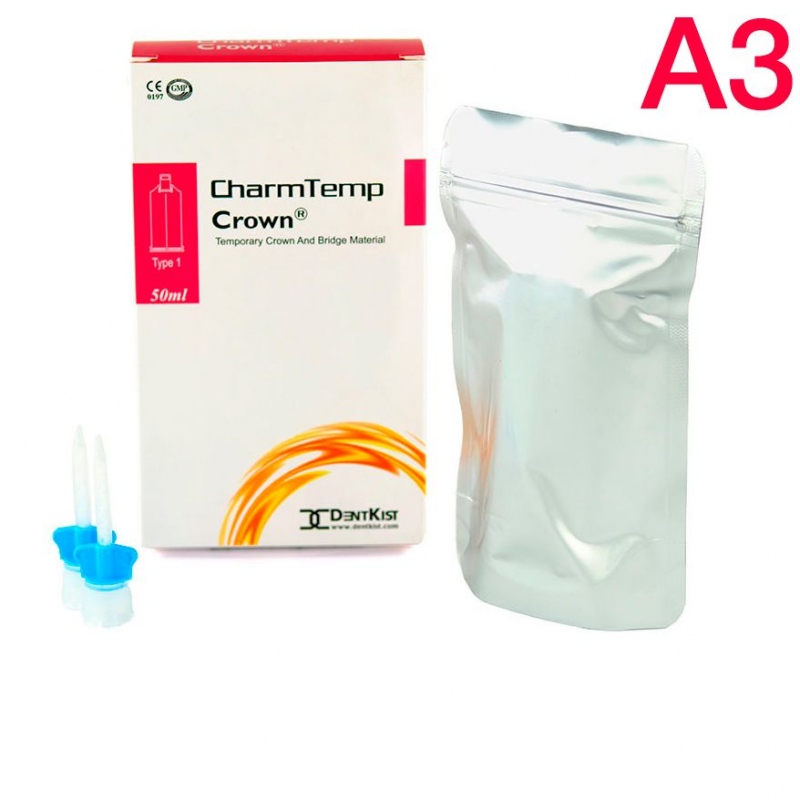 CharmTemp Crown цв. A3 50мл (76г+ 10 насадок, 1:1) для временных коронок, DentKist CharmTemp Crown цв. A3 50мл (76г+ 10 насадок, 1:1) для временных коронок, DentKist